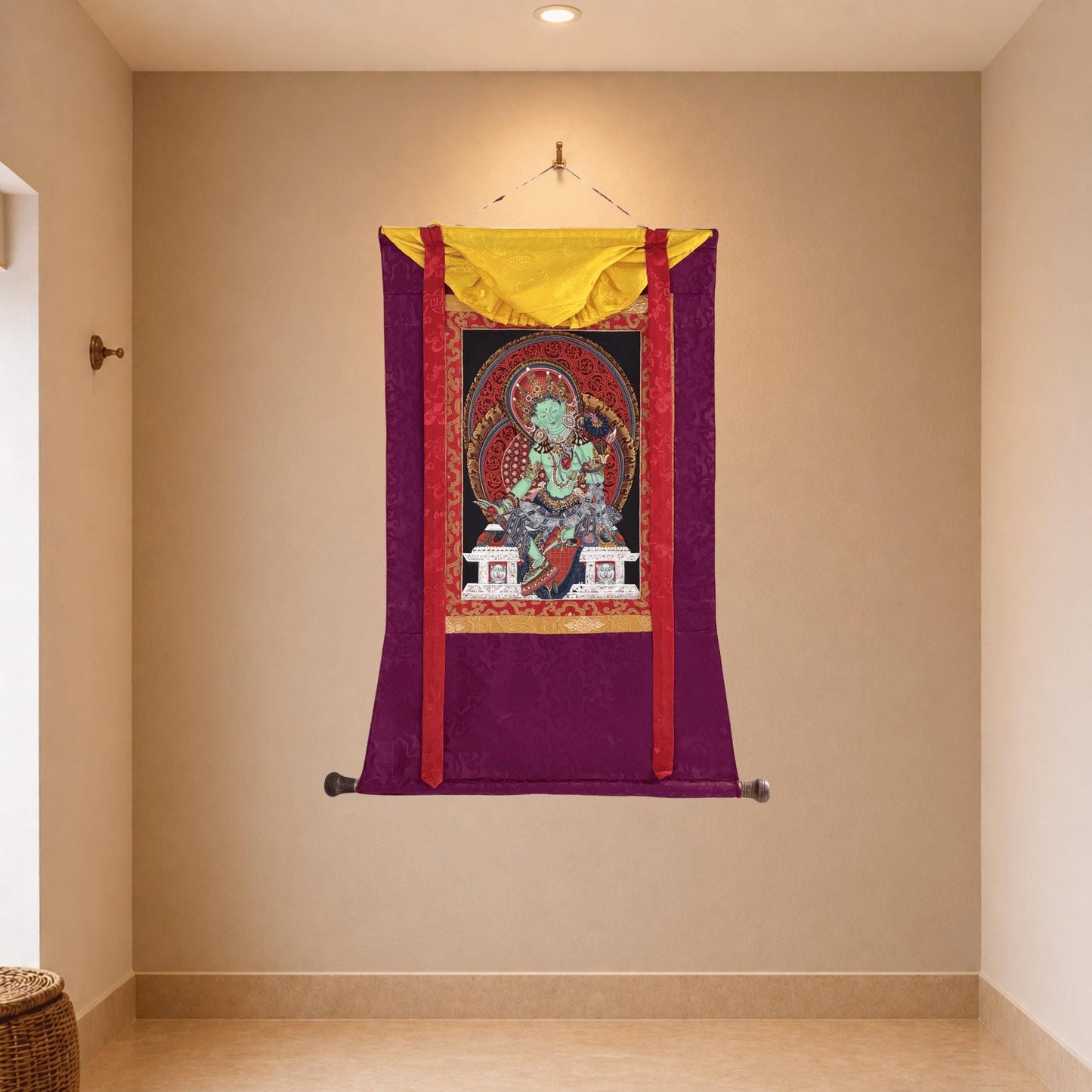 Green Tara Newari Paubha Thangka | Hand-Painted Tibetan Buddhist Art with Silk Brocade