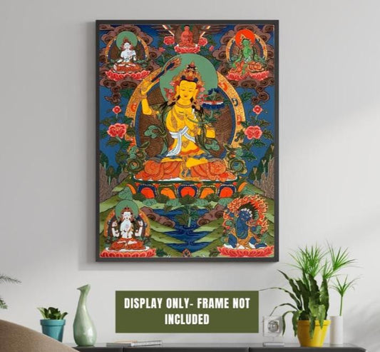 Manjushri Thangka Painting | Tibetan God of Wisdom | Hand-Painted Buddhist Art | Silk Brocade Available