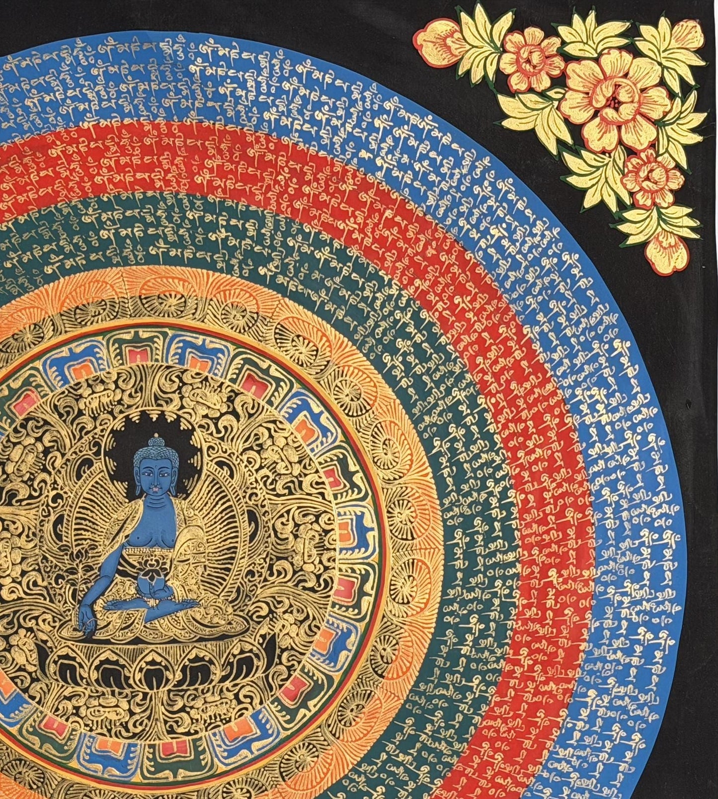 Medicine Buddha Om Mani Padme Hum Thangka | Hand-Painted Tibetan Healing Art Mandala |  Silk Brocade