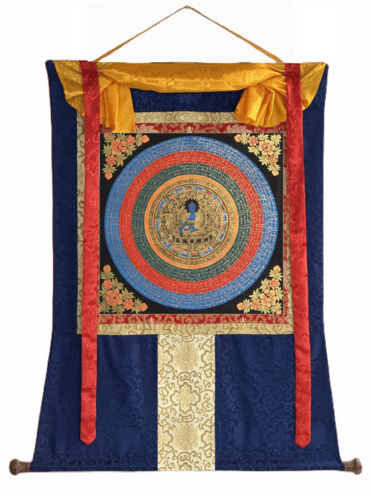 Medicine Buddha Om Mani Padme Hum Thangka | Hand-Painted Tibetan Healing Art Mandala |  Silk Brocade