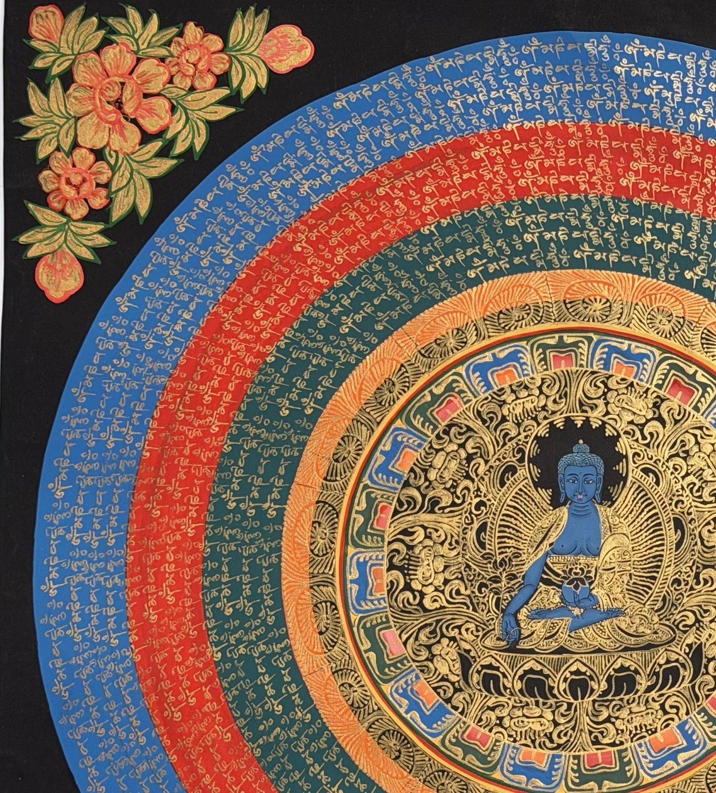 Medicine Buddha Om Mani Padme Hum Thangka | Hand-Painted Tibetan Healing Art Mandala |  Silk Brocade