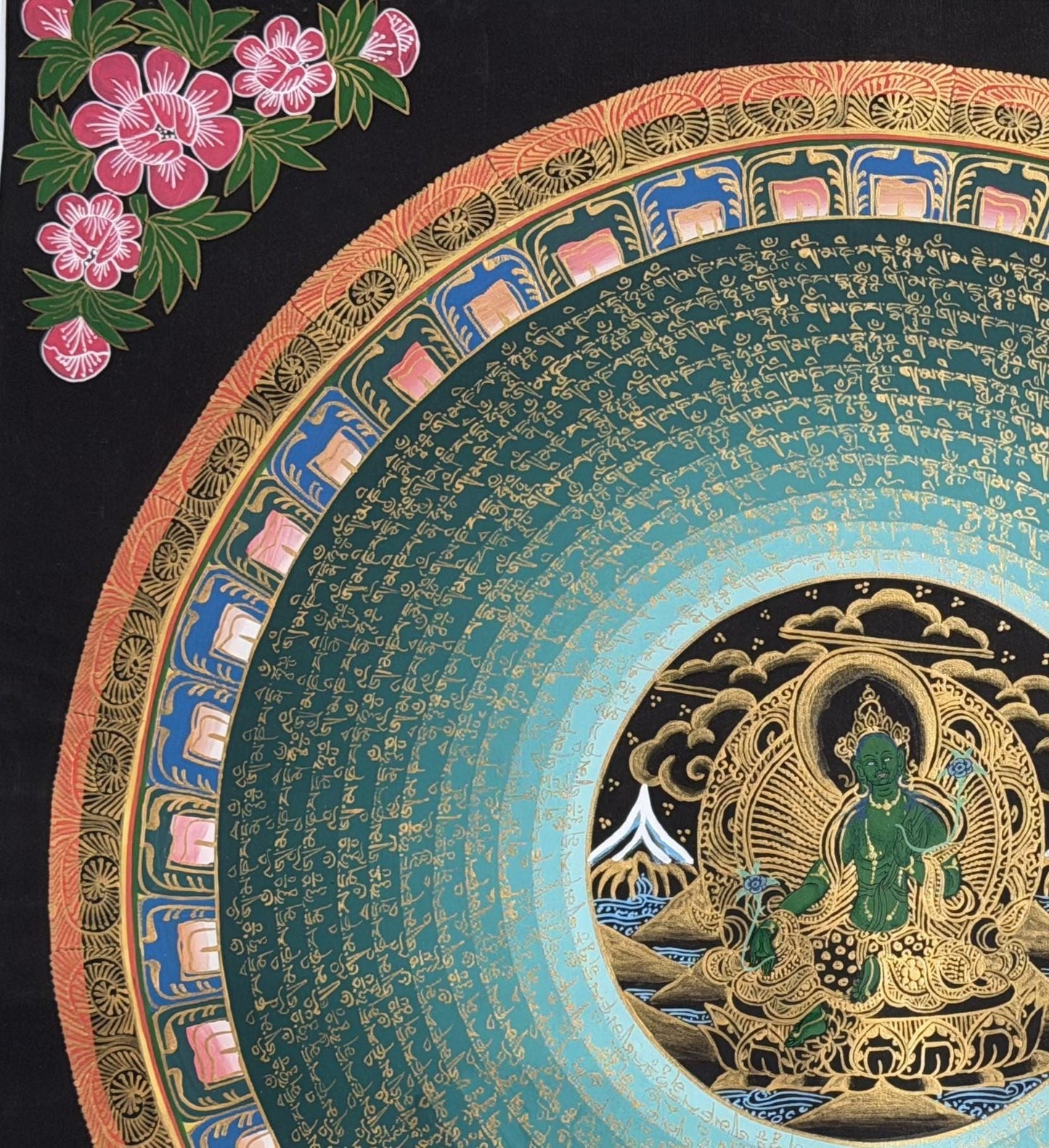 Green Tara Om Mani Padme Hum Thangka | Hand-Painted Tibetan Mantra Art with Silk Brocade
