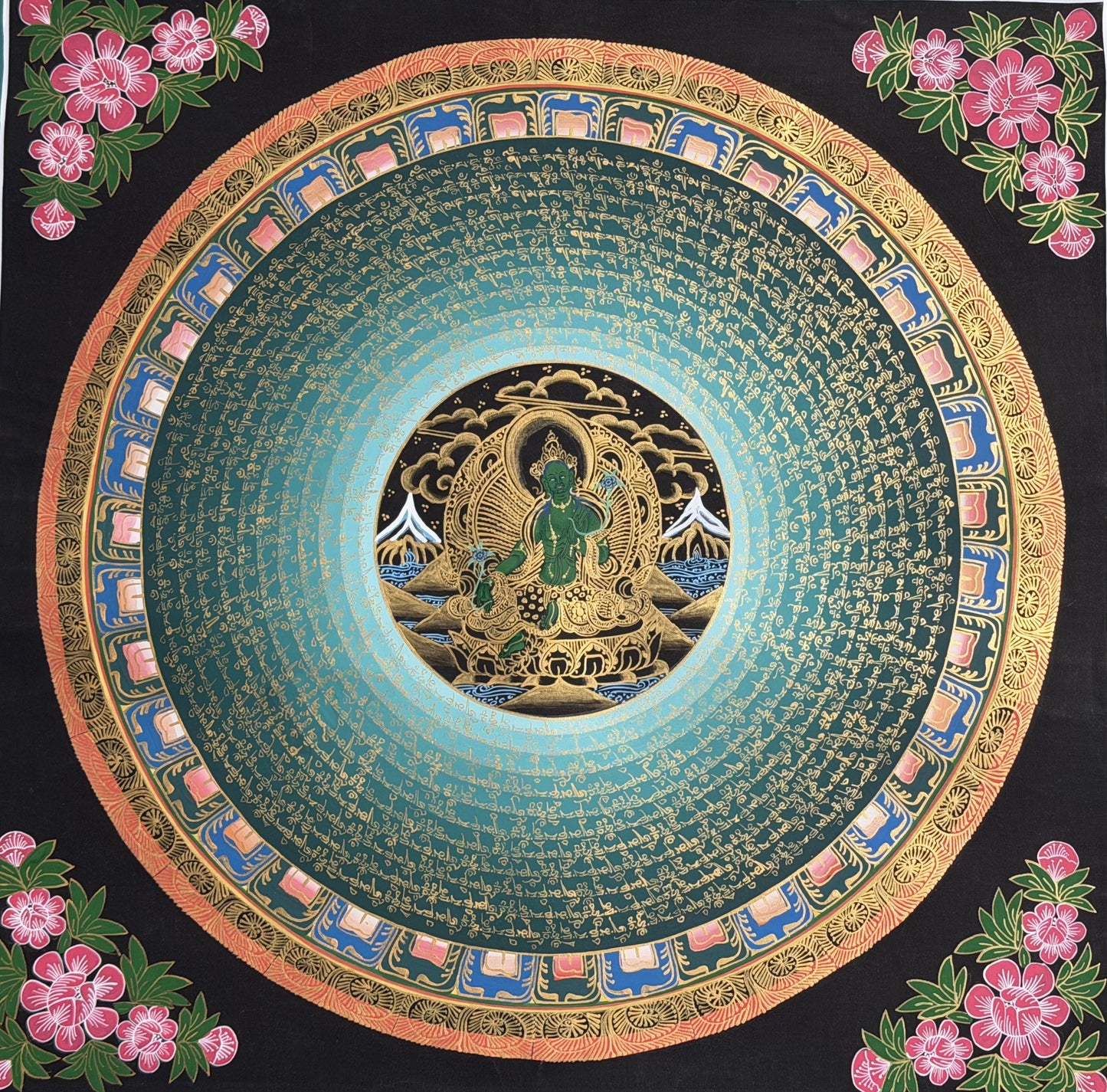 Green Tara Om Mani Padme Hum Thangka | Hand-Painted Tibetan Mantra Art with Silk Brocade