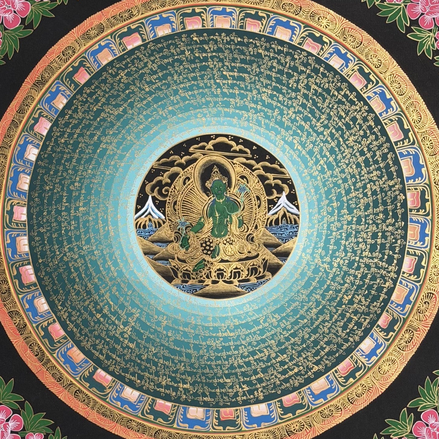 Green Tara Om Mani Padme Hum Thangka | Hand-Painted Tibetan Mantra Art with Silk Brocade