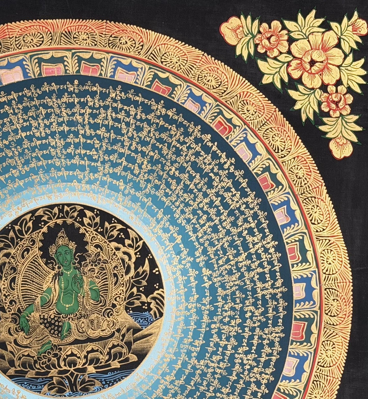 Green Tara Om Mani Padme Hum Thangka | Hand-Painted Tibetan MantraMandala Art with Silk Brocade