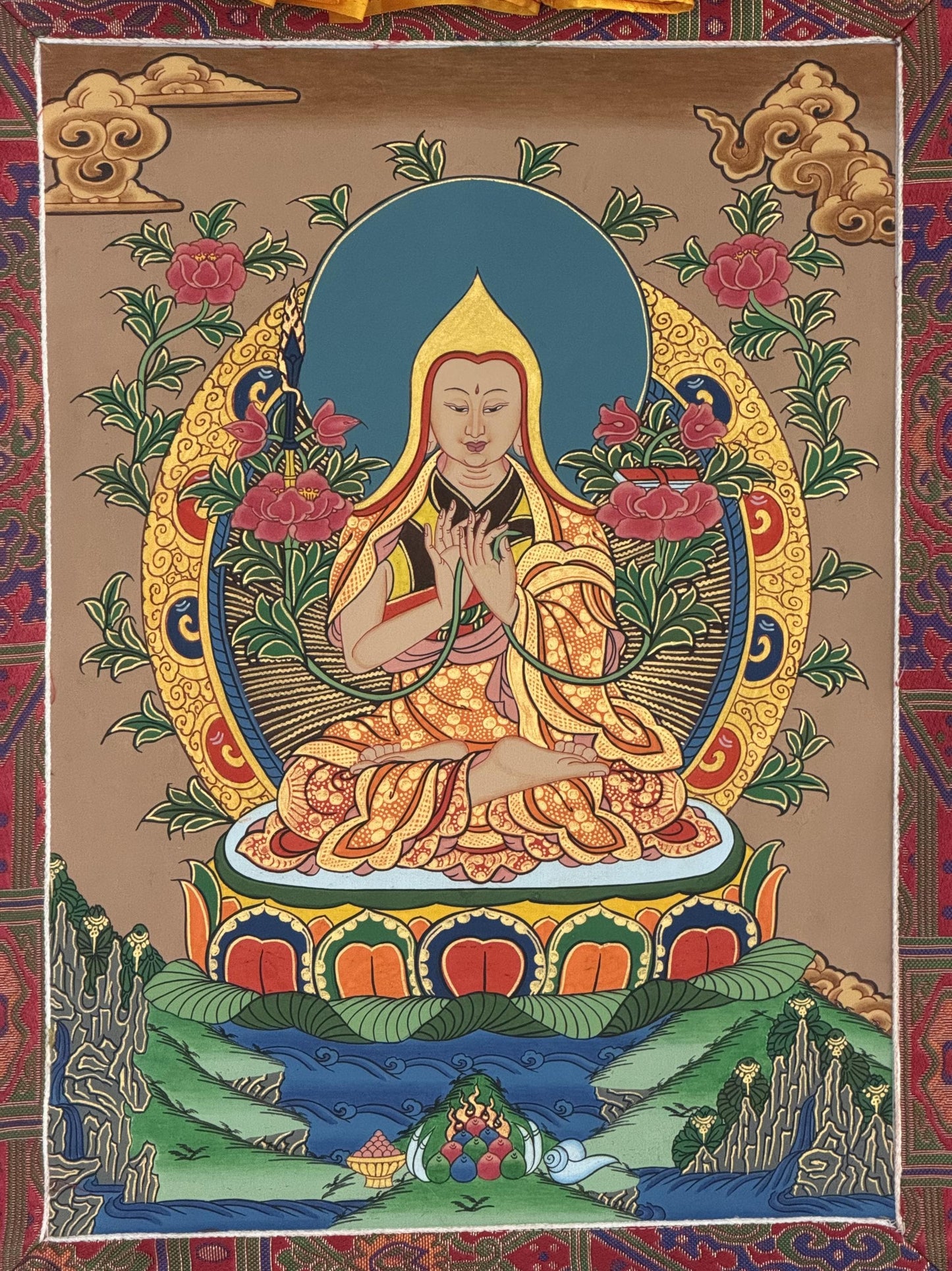 Hand-Painted Tsongkhapa Thangka: Tibetan Meditation Art with Silk Frame