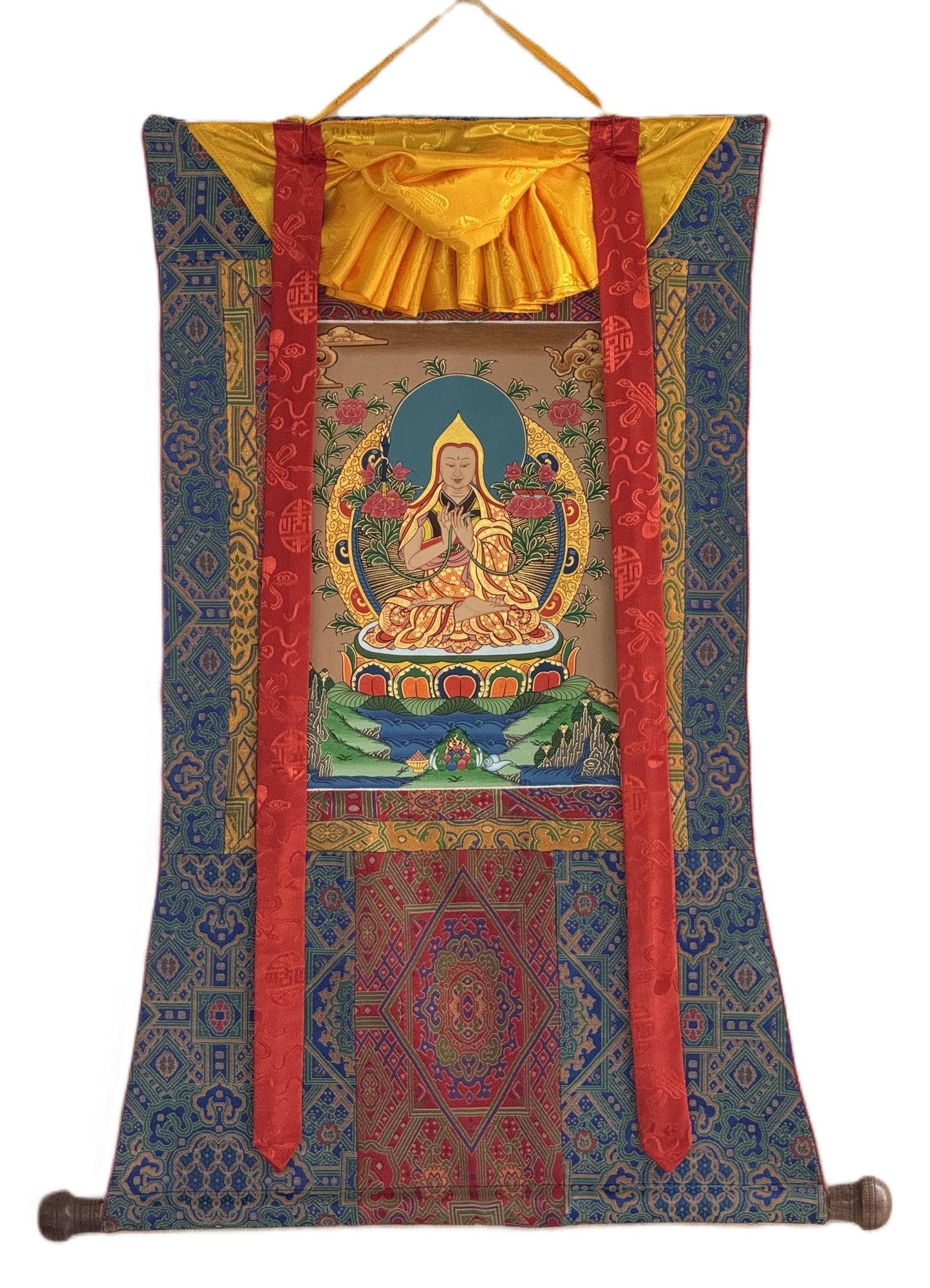 Hand-Painted Tsongkhapa Thangka: Tibetan Meditation Art with Silk Frame
