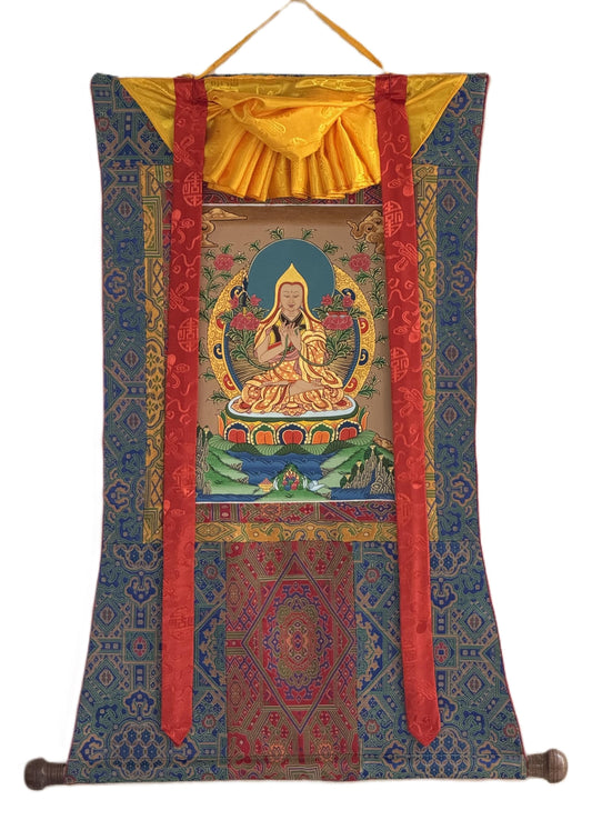 Hand-Painted Tsongkhapa Thangka: Tibetan Meditation Art with Silk Frame