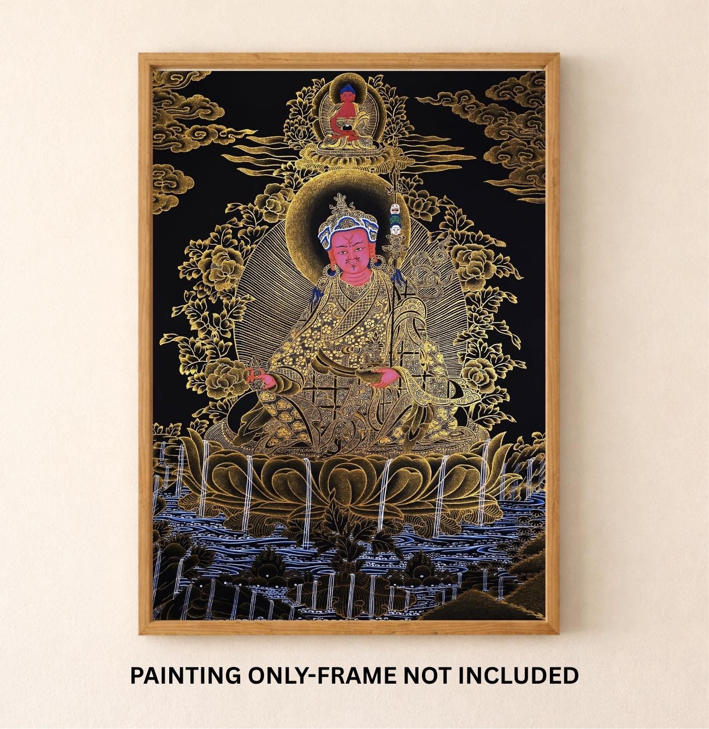 Guru Rinpoche Padmasambhava 24K Gold Tibetan Thangka Painting – Black and Gold Masterpiece