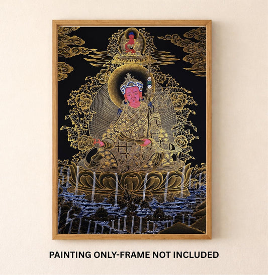 Guru Rinpoche Padmasambhava 24K Gold Tibetan Thangka Painting – Black and Gold Masterpiece