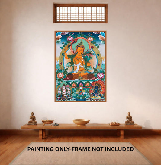 Manjushri Thangka | Hand-Painted Tibetan Wisdom Buddha Art with Silk Brocade