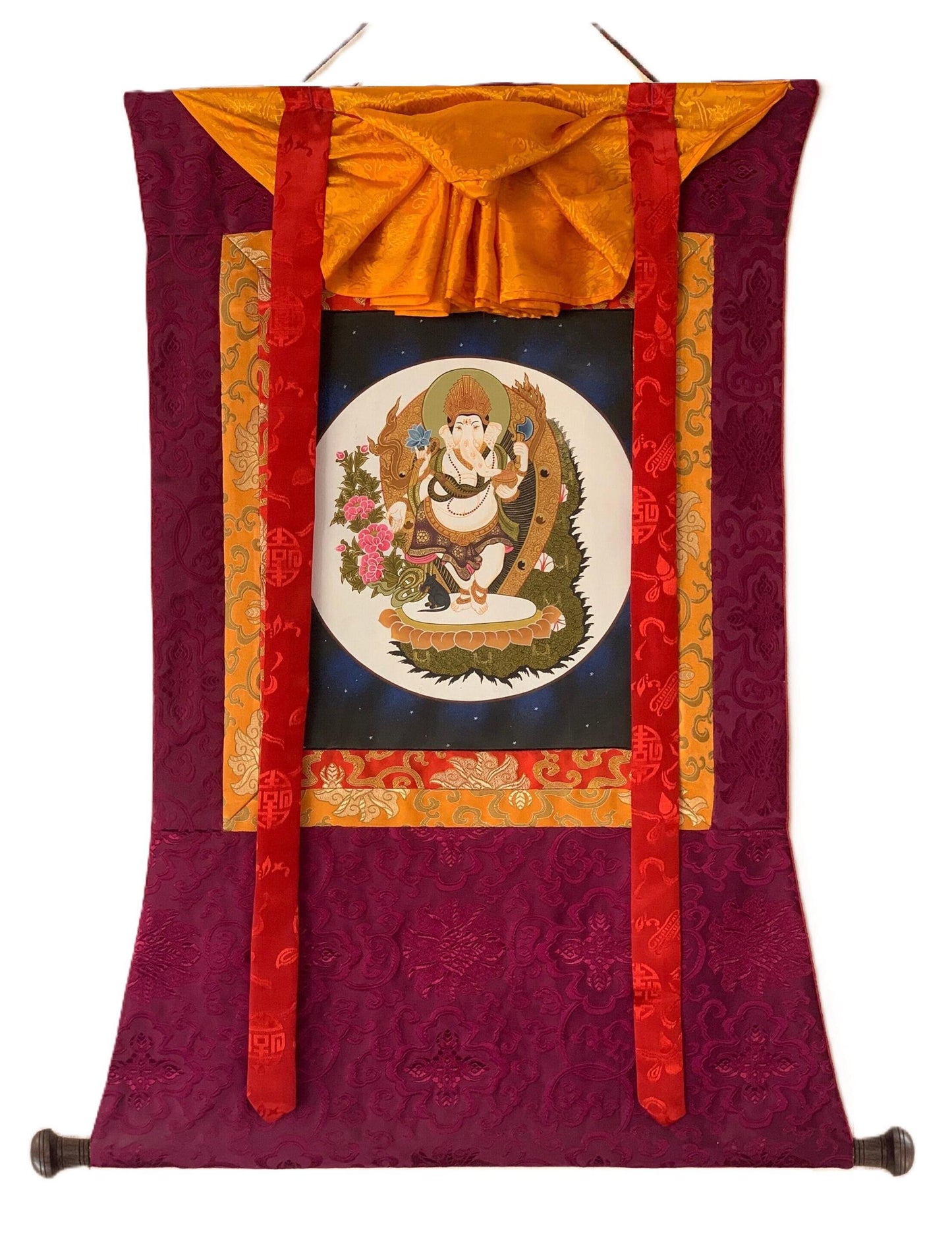 Ganesha Thangka | Hand-Painted Hindu God Art with Silk Brocade