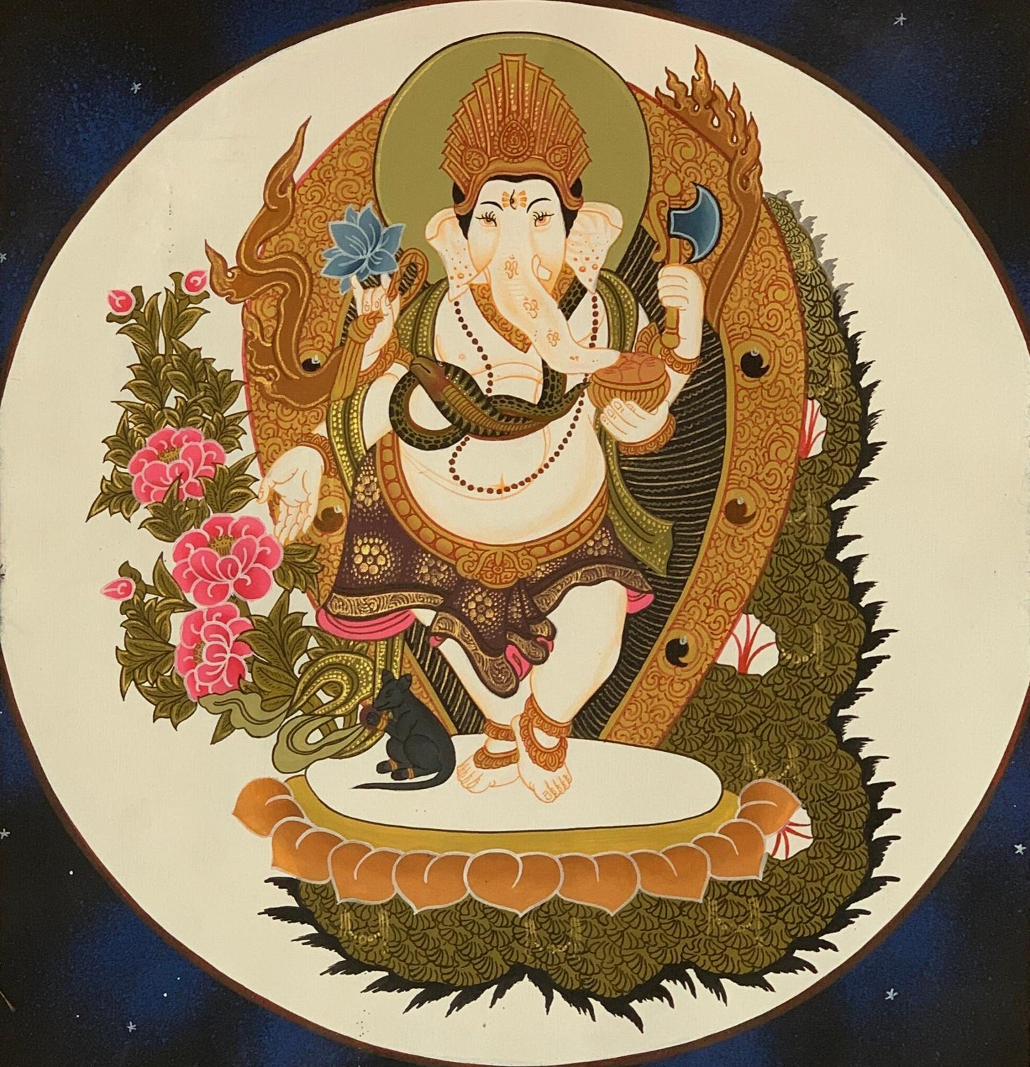 Ganesha Thangka | Hand-Painted Hindu God Art with Silk Brocade
