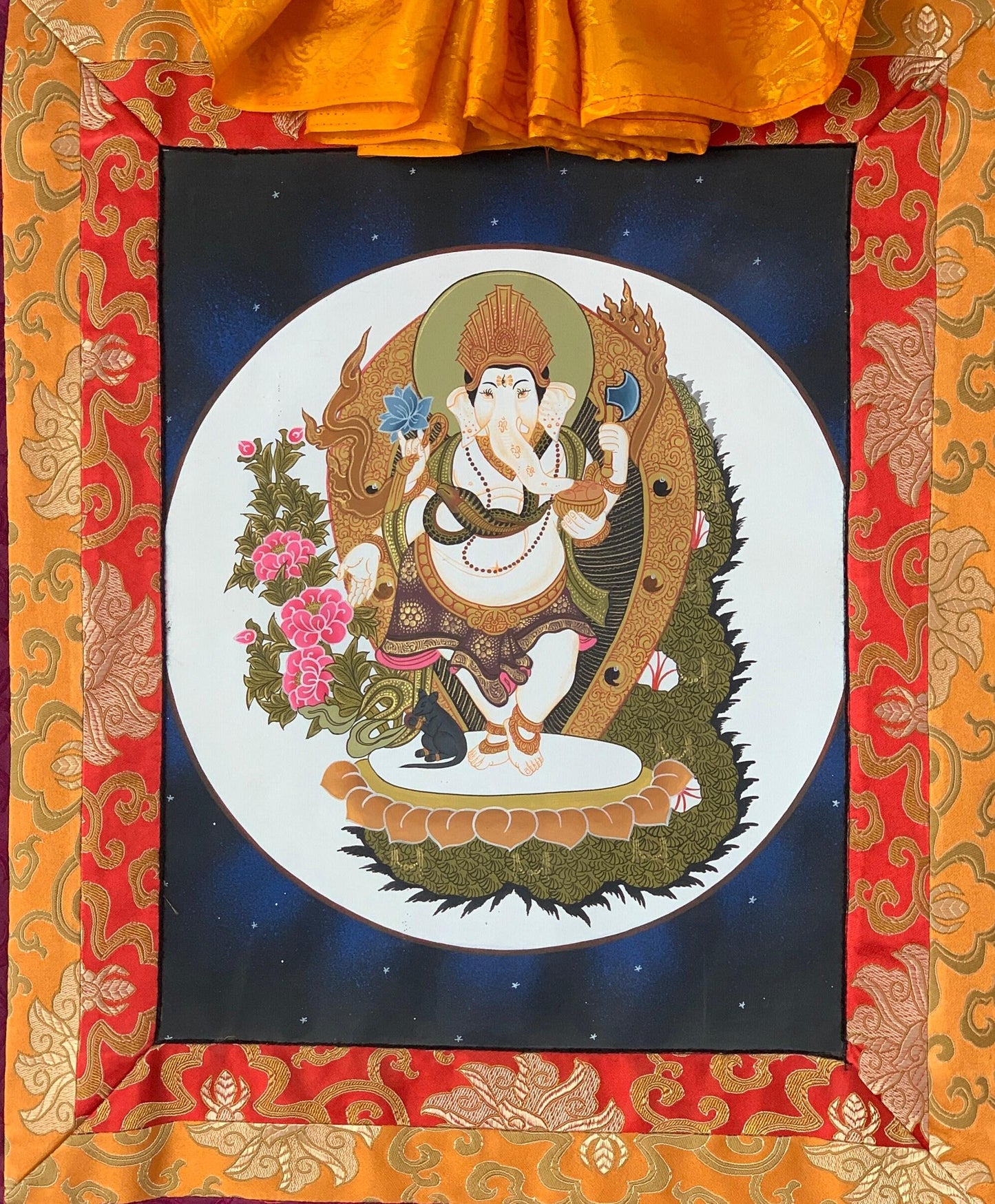 Ganesha Thangka | Hand-Painted Hindu God Art with Silk Brocade
