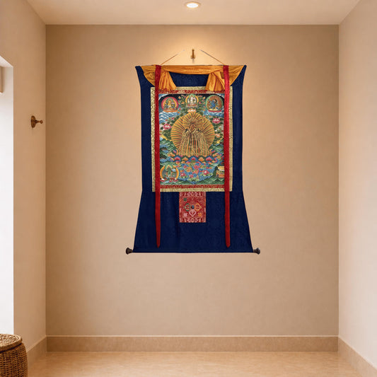 Guru Rinpoche Rainbow Body Thangka | Hand-Painted Tibetan Enlightenment Art with Silk Brocade