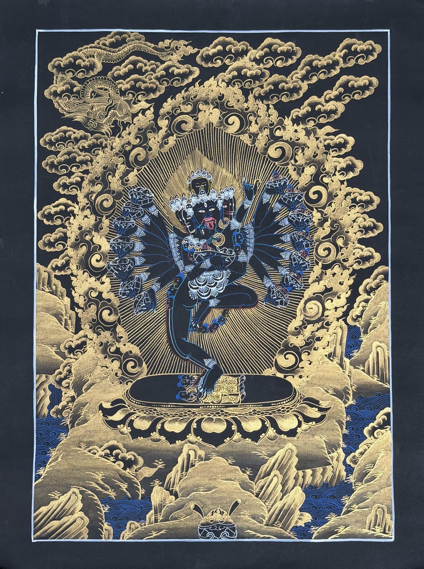 Hevajra Yab-Yum Thangka | Black & Gold Hand-Painted Tibetan Tantric Art