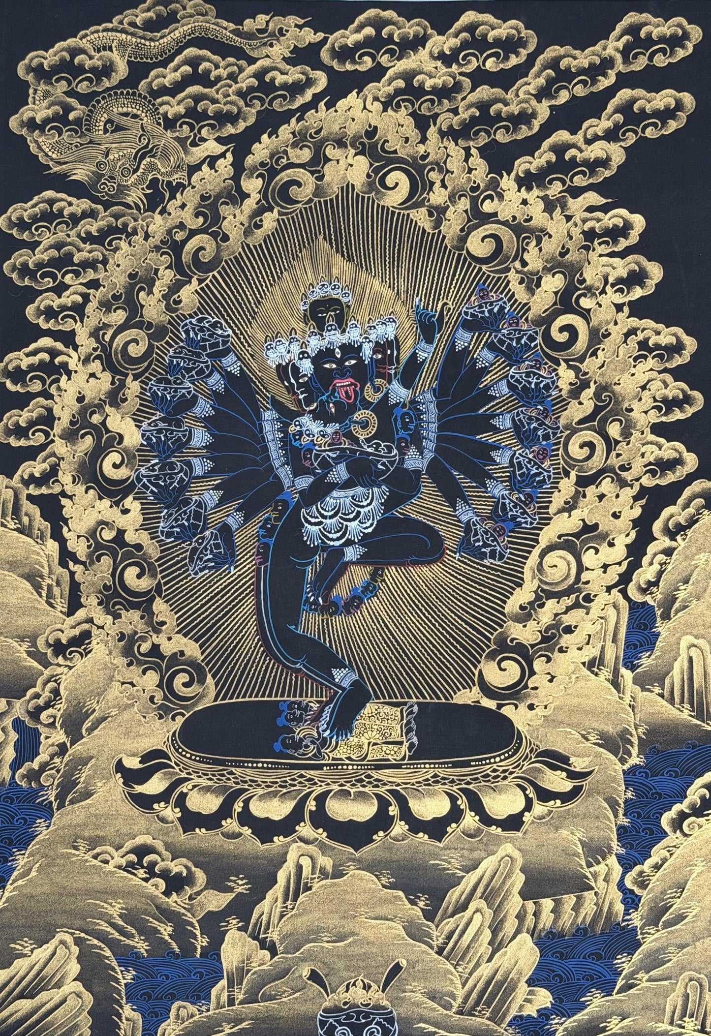 Hevajra Yab-Yum Thangka | Black & Gold Hand-Painted Tibetan Tantric Art