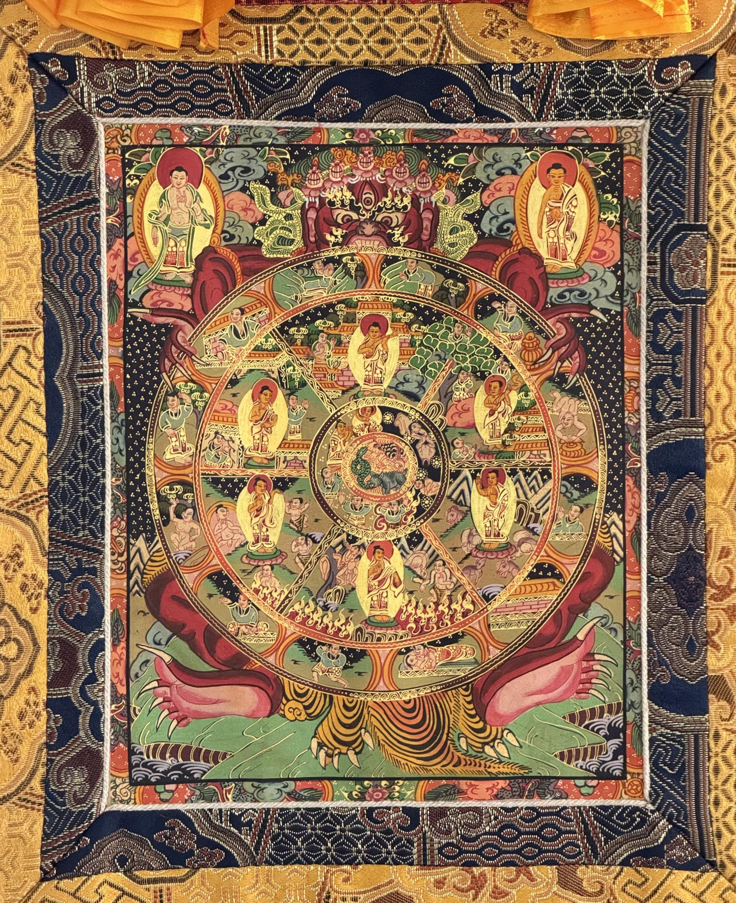 Wheel of Life Thangka | Hand-Painted Bhavachakra Mandala Tibetan Buddhist Art with Silk Brocade