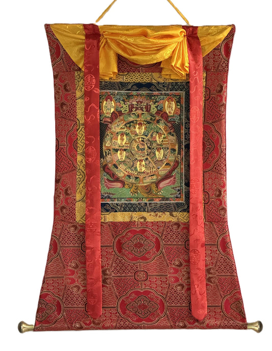 Wheel of Life Thangka | Hand-Painted Bhavachakra Mandala Tibetan Buddhist Art with Silk Brocade