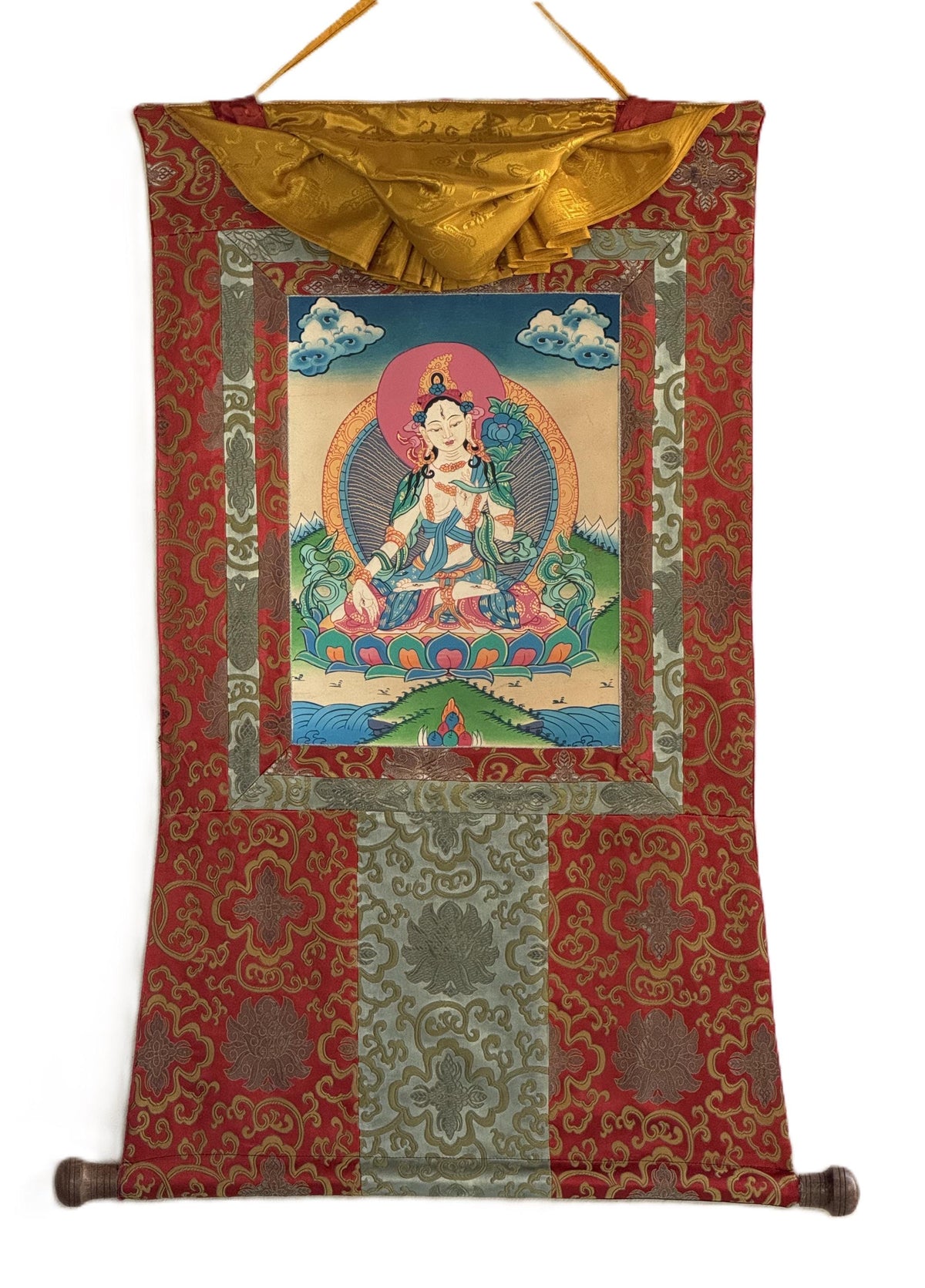 White Tara Tibetan Thangka Painting | Semi-Old Smoky Hand-Painted Art | Silk Brocade Wall Hanging