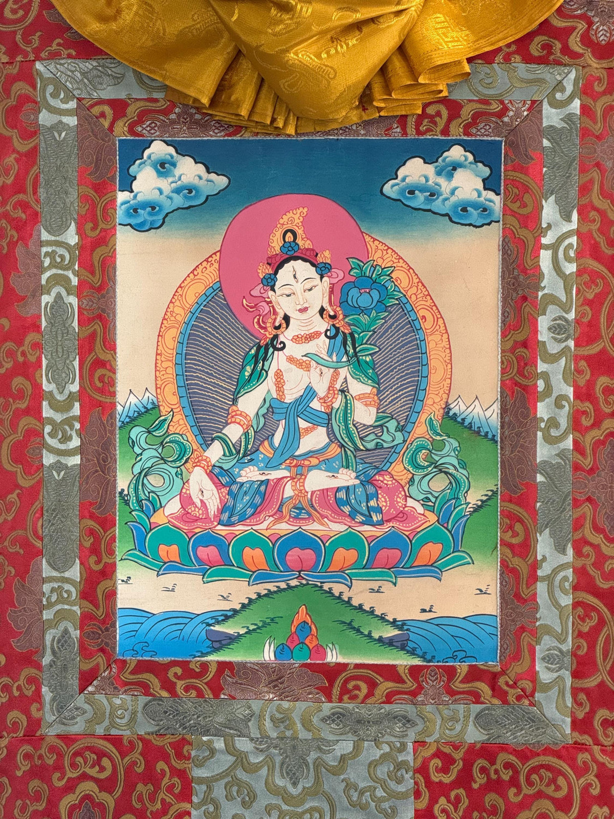 White Tara Tibetan Thangka Painting | Semi-Old Smoky Hand-Painted Art | Silk Brocade Wall Hanging