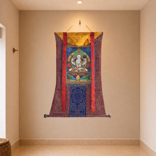 Hand-Painted Chenrezig Thangka | Avalokiteshvara Tibetan Compassion Art with Khadi Silk Brocade