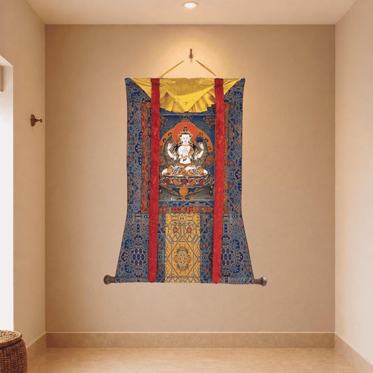 Hand-Painted Chenrezig Tibetan Thangka | Avalokiteshvara Compassion Art with Khadi Silk Brocade