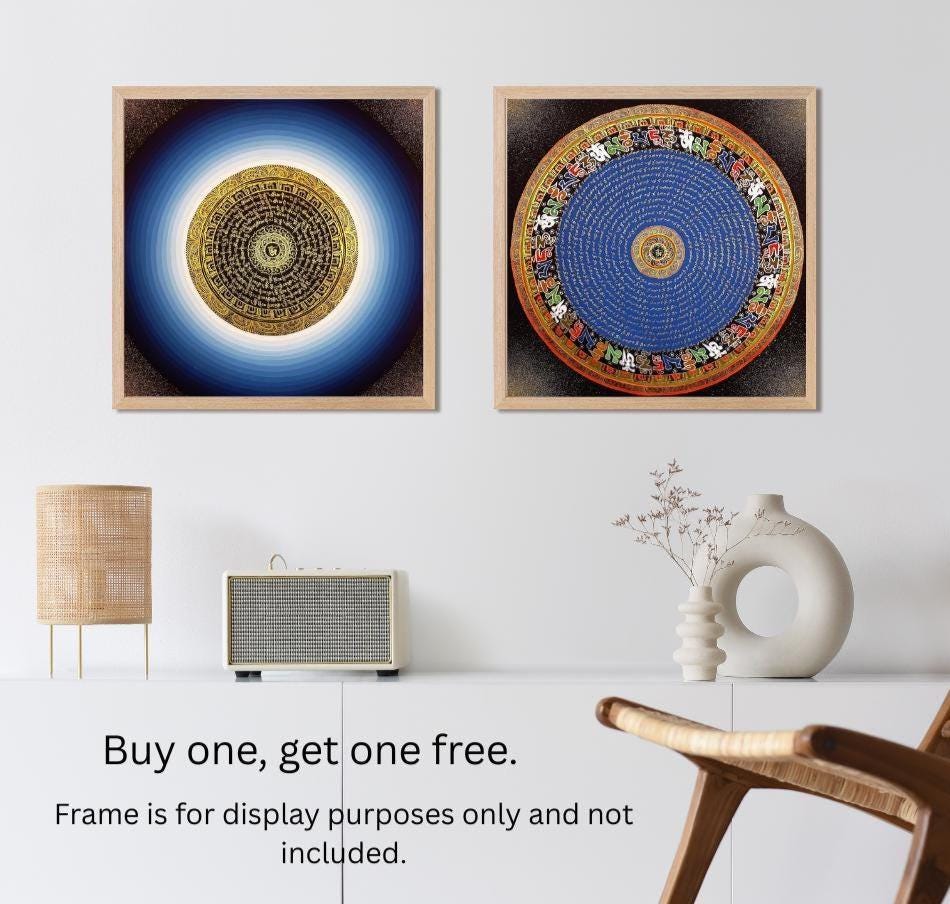 Set of Two Hand-Painted Om Mantra Mandala Thangka Paintings, Tibetan Buddhist Wall Art