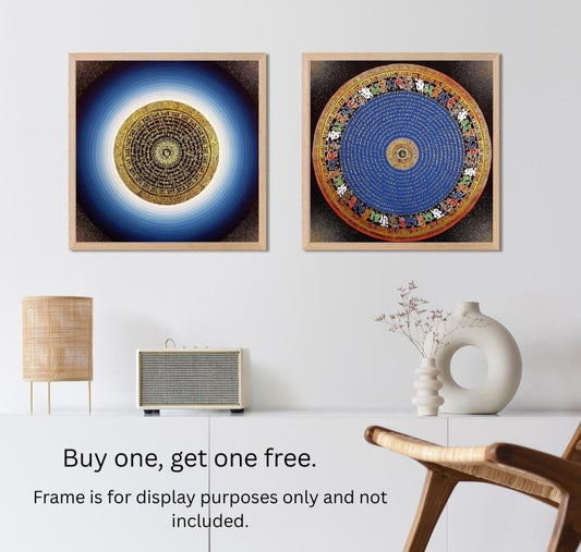 Set of Two Hand-Painted Om Mantra Mandala Thangka Paintings, Tibetan Buddhist Wall Art