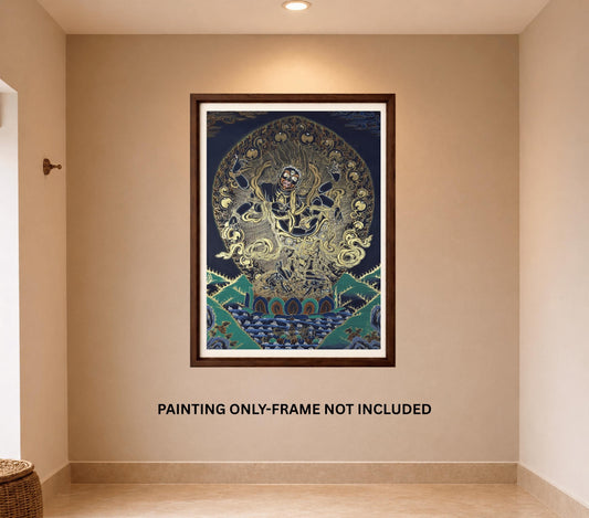 White Mahakala Thangka | Hand-Painted Six-Armed Tibetan Protector Deity Art | Silk Brocade