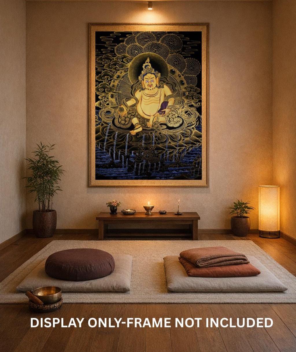 Hand Painted Jambhala Thangka - God of Wealth Art | 24k Gold Tibetan Meditation Masterpiece Painting