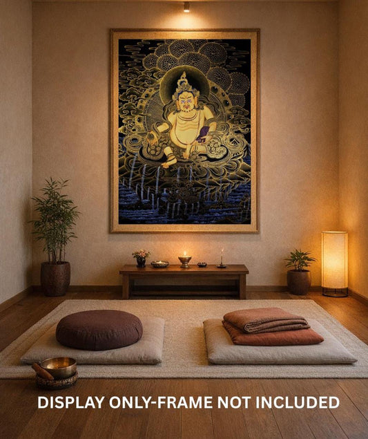 Hand Painted Jambhala Thangka - God of Wealth Art | 24k Gold Tibetan Meditation Masterpiece Painting