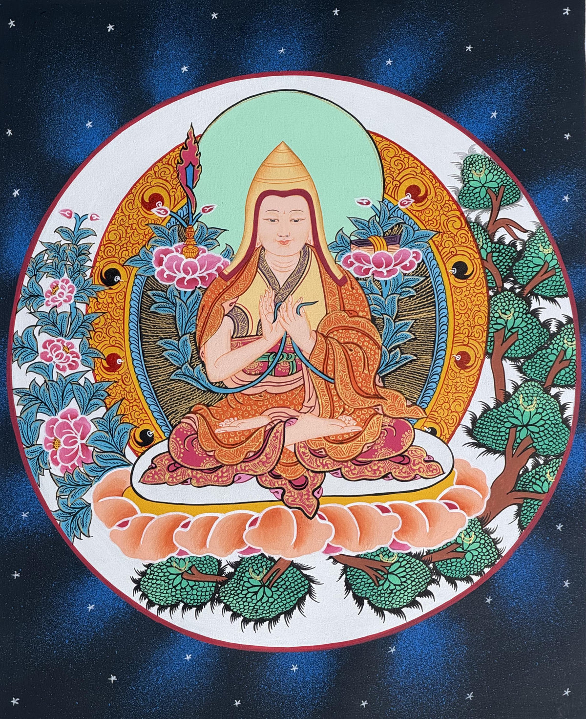 Tsongkhapa Thangka with Silk Brocade | Hand-Painted Tibetan Buddhist Master Art