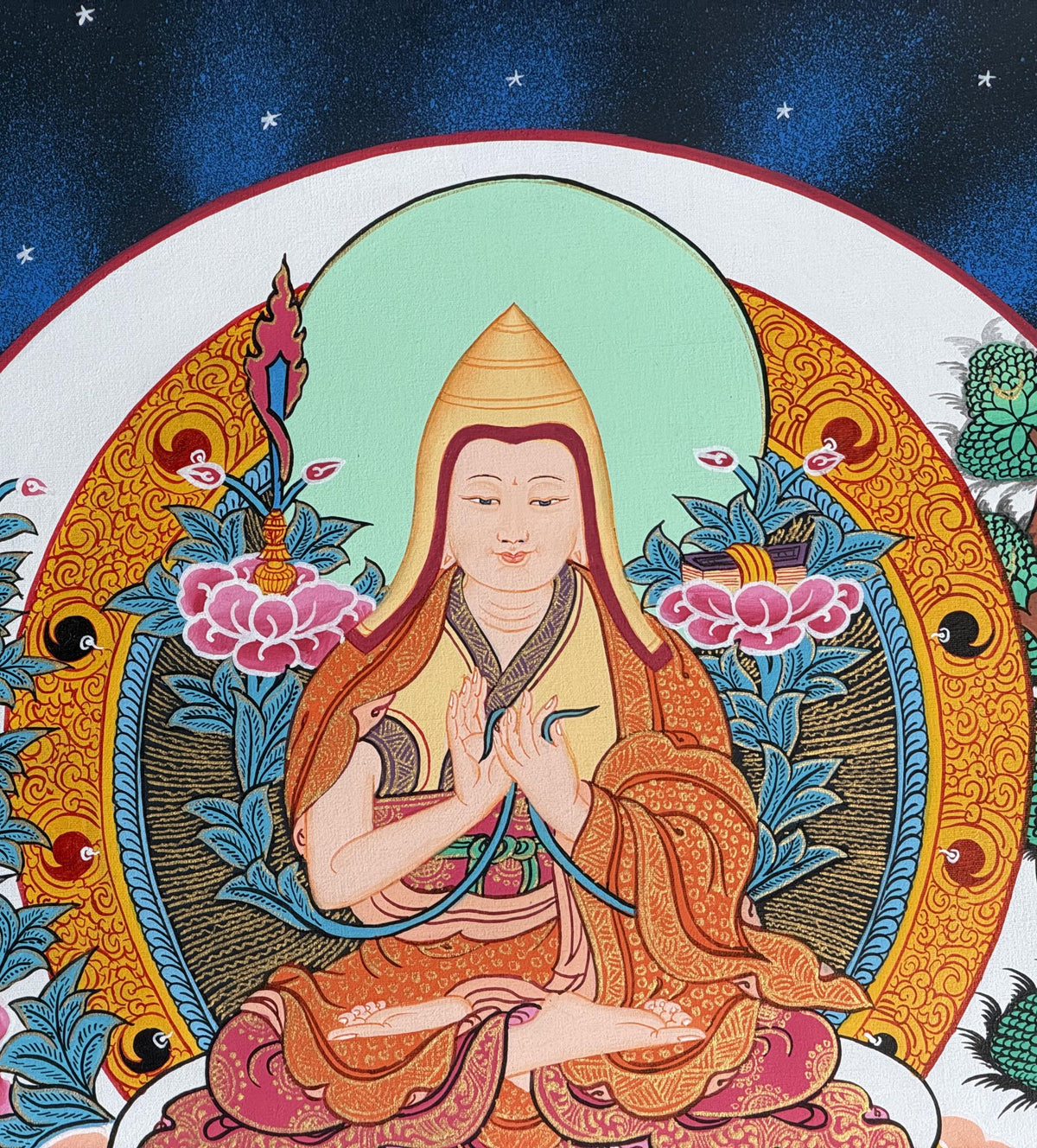 Tsongkhapa Thangka with Silk Brocade | Hand-Painted Tibetan Buddhist Master Art