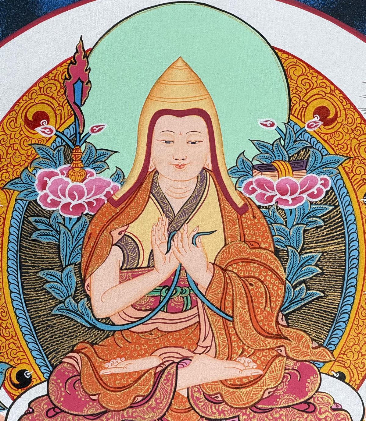 Tsongkhapa Thangka with Silk Brocade | Hand-Painted Tibetan Buddhist Master Art