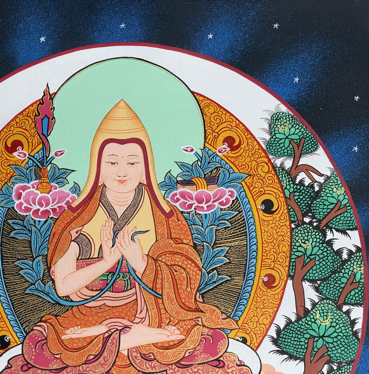 Tsongkhapa Thangka with Silk Brocade | Hand-Painted Tibetan Buddhist Master Art