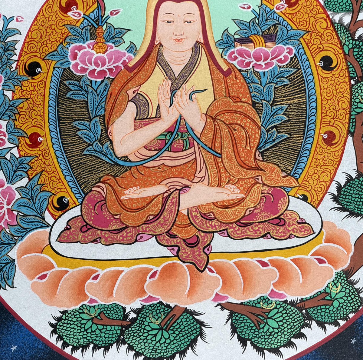 Tsongkhapa Thangka with Silk Brocade | Hand-Painted Tibetan Buddhist Master Art
