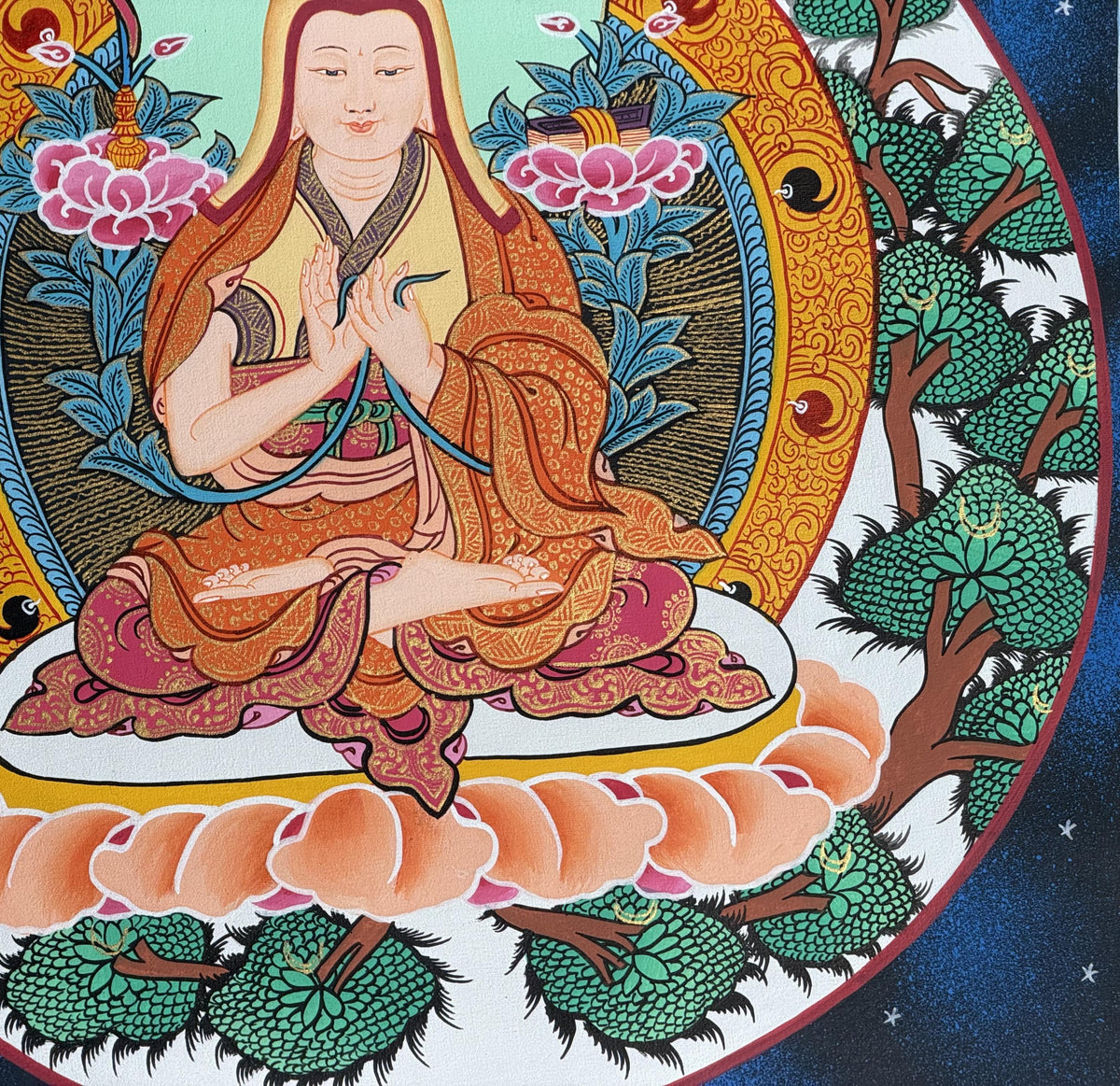 Tsongkhapa Thangka with Silk Brocade | Hand-Painted Tibetan Buddhist Master Art