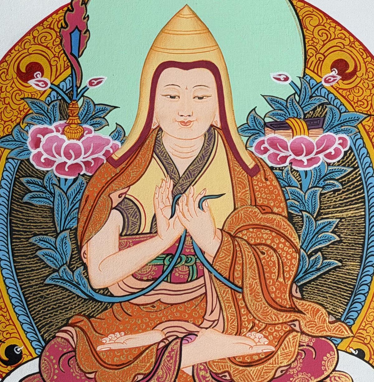 Tsongkhapa Thangka with Silk Brocade | Hand-Painted Tibetan Buddhist Master Art