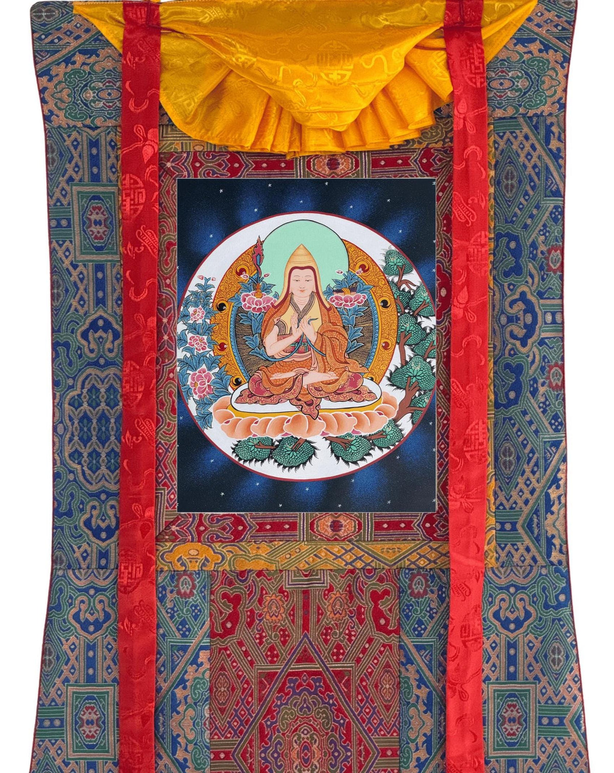 Tsongkhapa Thangka with Silk Brocade | Hand-Painted Tibetan Buddhist Master Art