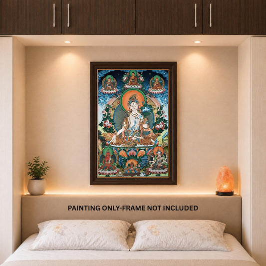 White Tara Thangka Painting: 24K Gold, Handmade Tibetan Art