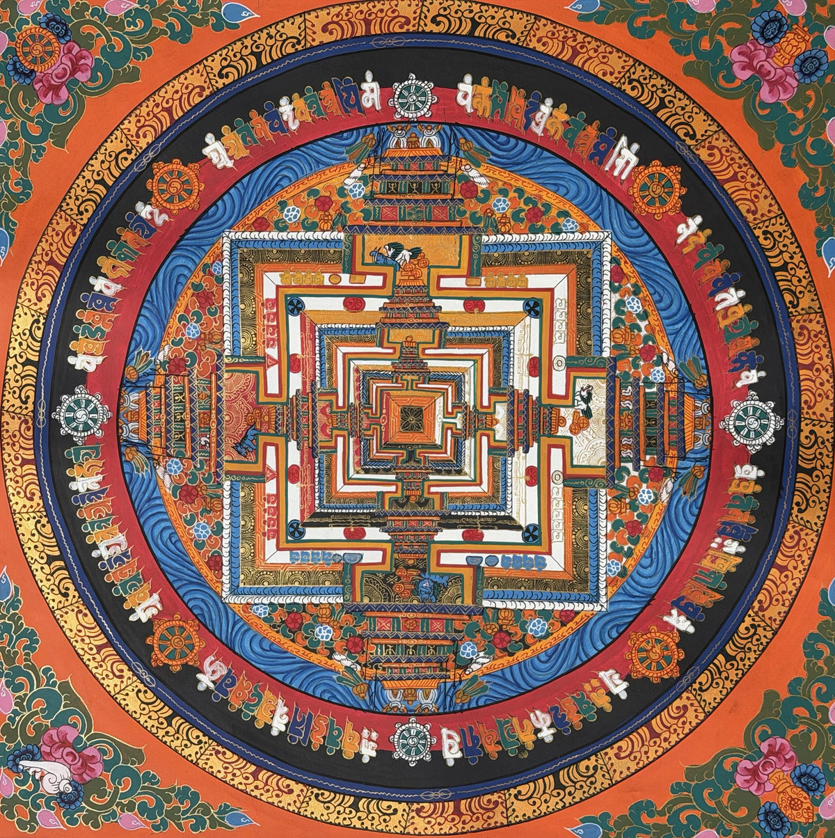 Kalachakra Mandala Thangka with Silk Brocade | Tibetan Wheel of Time Buddhist Wall Art