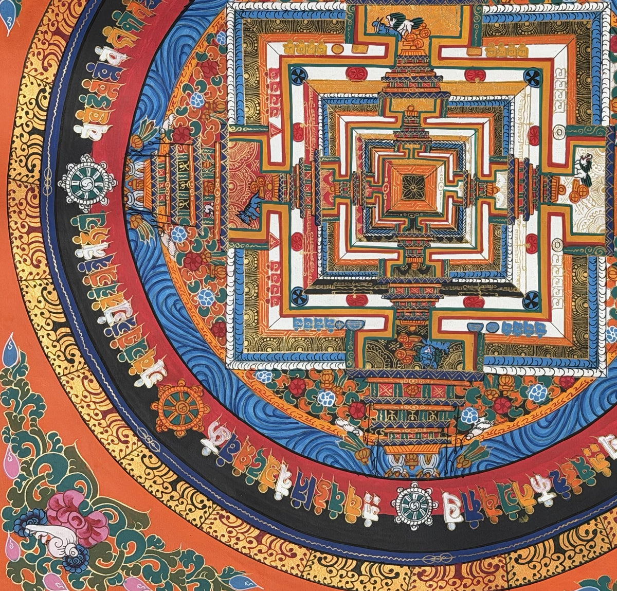 Kalachakra Mandala Thangka with Silk Brocade | Tibetan Wheel of Time Buddhist Wall Art