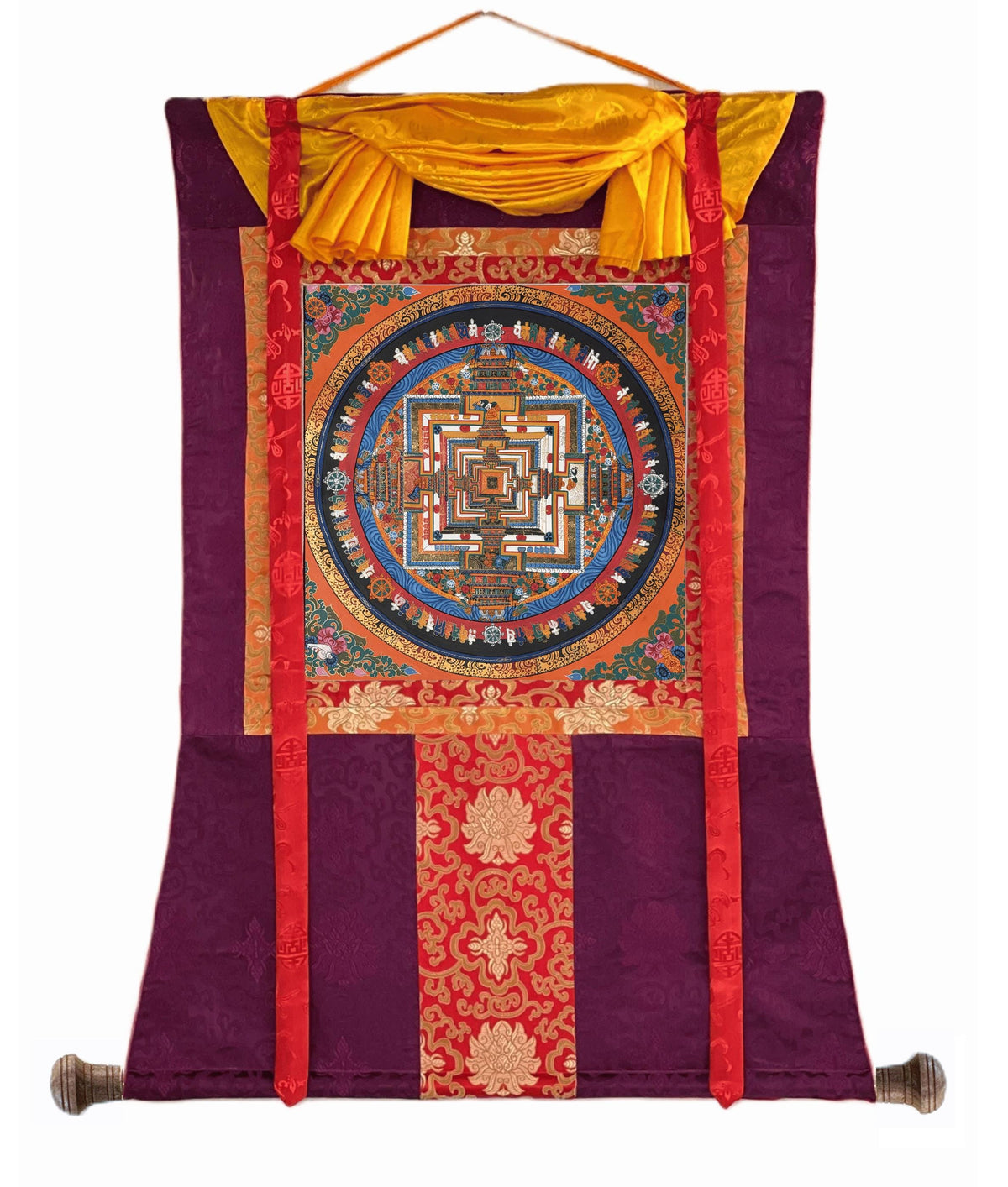 Kalachakra Mandala Thangka with Silk Brocade | Tibetan Wheel of Time Buddhist Wall Art