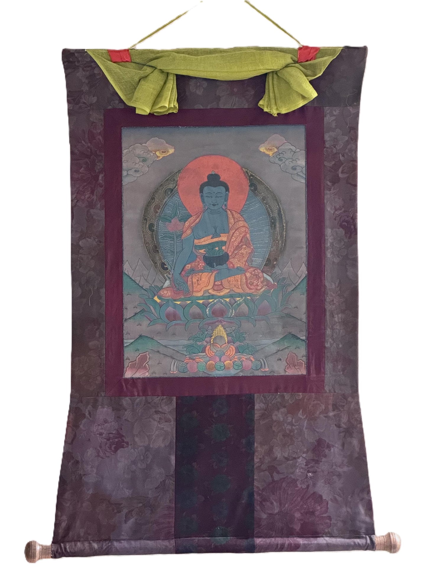 Old Medicine Buddha Thangka | Hand-Painted Bhaisajyaguru Healing Art with Silk Brocade