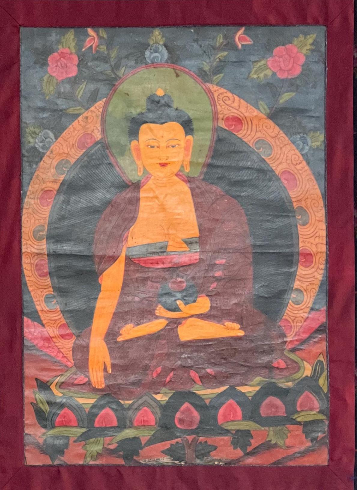 Old Shakyamuni Buddha Thangka | Hand-Painted Single Border Tibetan Art with Cotton Brocade