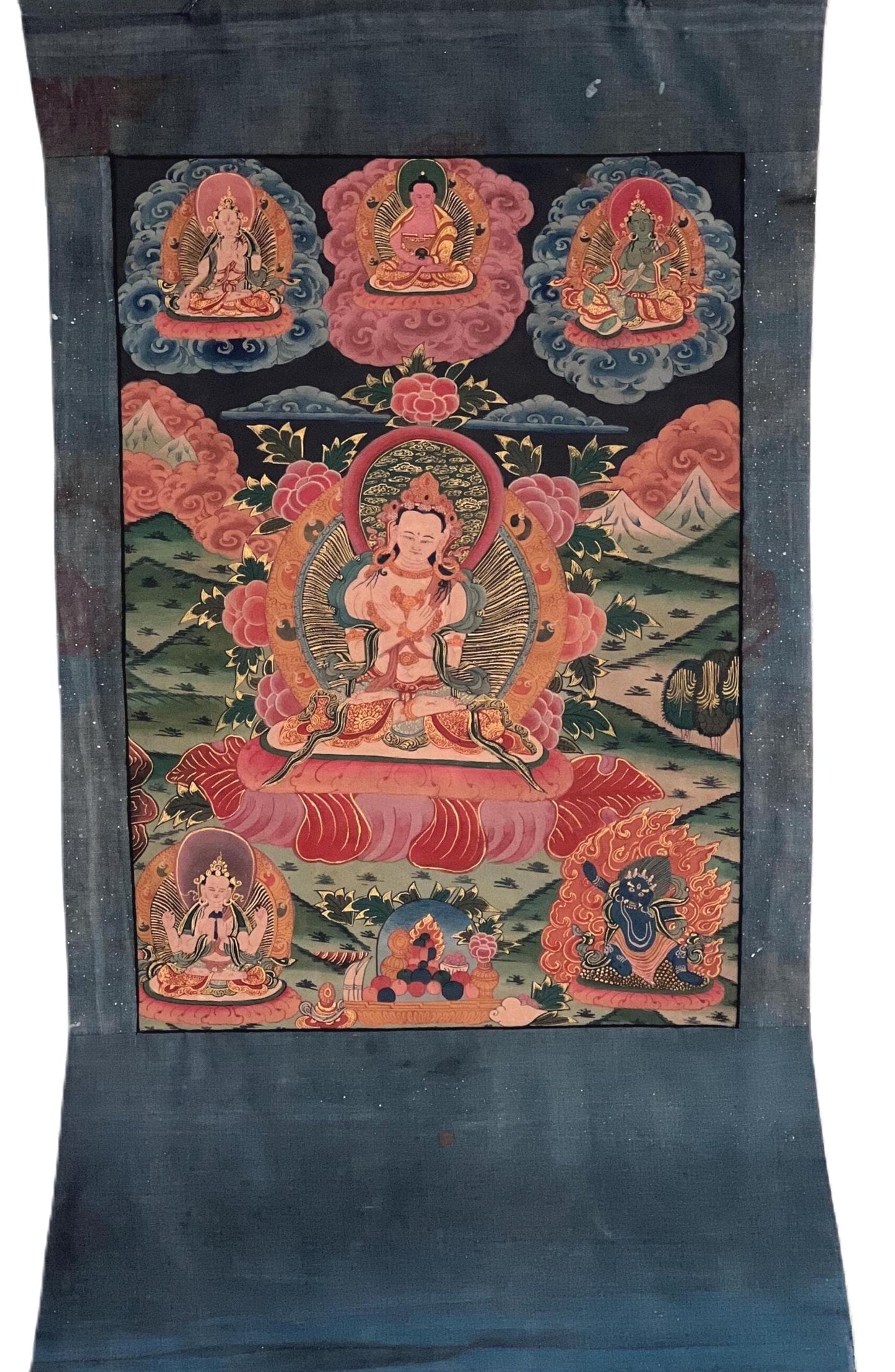 Old Vajradhara Thangka | Hand-Painted Primordial Buddha Narrow Border Tibetan Art
