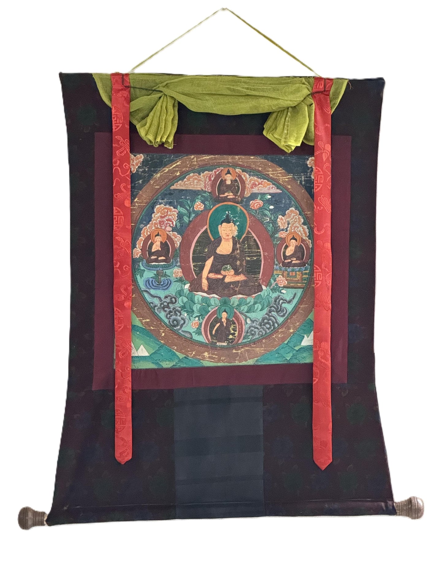 Old  Buddha Life Mandala Thangka | Hand-Painted Tibetan Art Narrow Border (Antique Style)