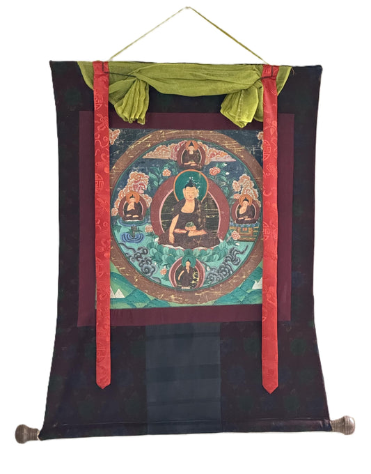 Old  Buddha Life Mandala Thangka | Hand-Painted Tibetan Art Narrow Border (Antique Style)