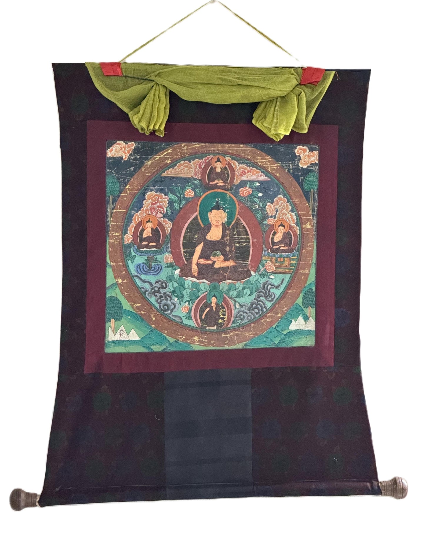 Old  Buddha Life Mandala Thangka | Hand-Painted Tibetan Art Narrow Border (Antique Style)